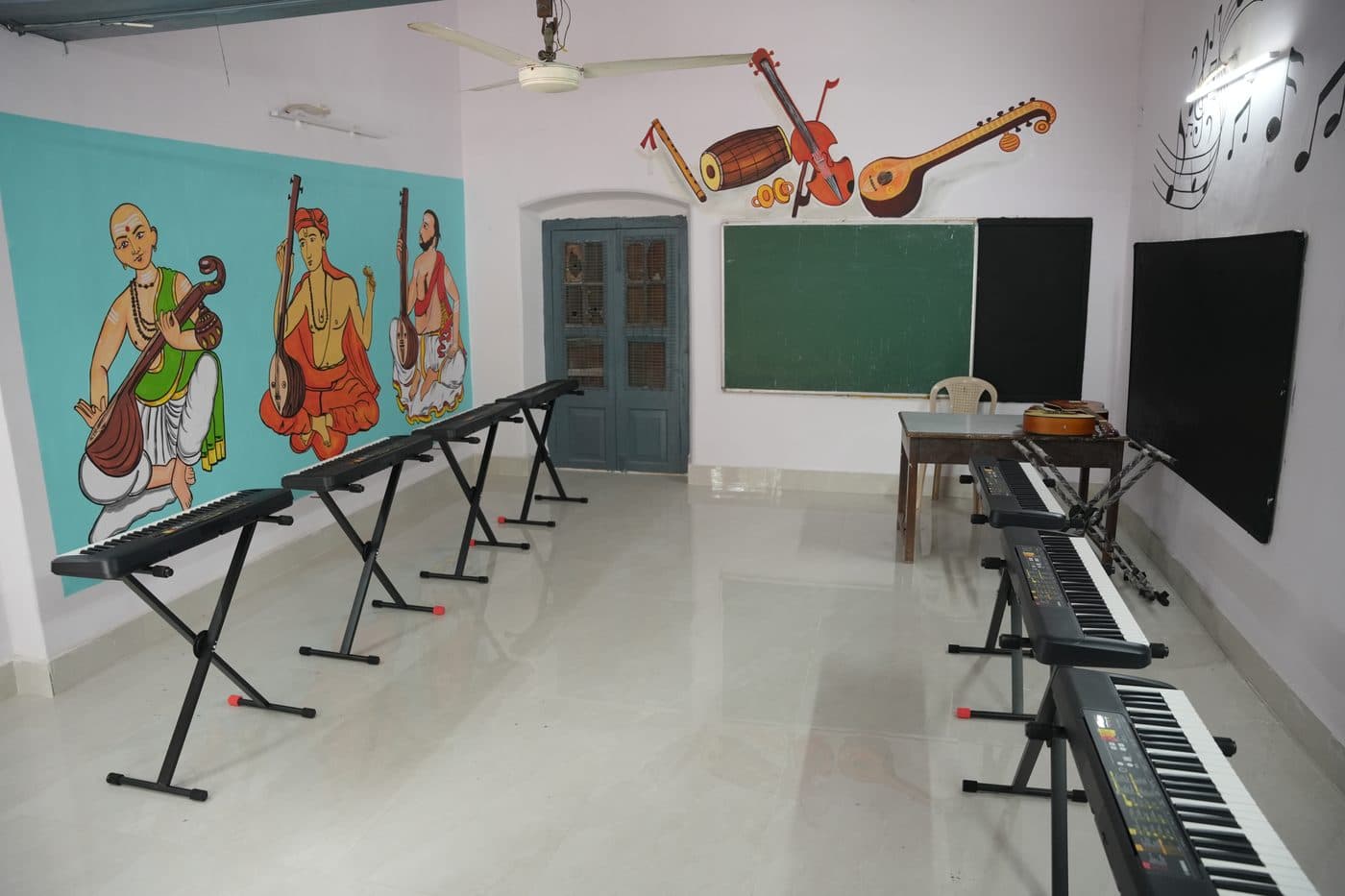 Music room interior with keyboards, a green board and a mural of Carnatic musicians